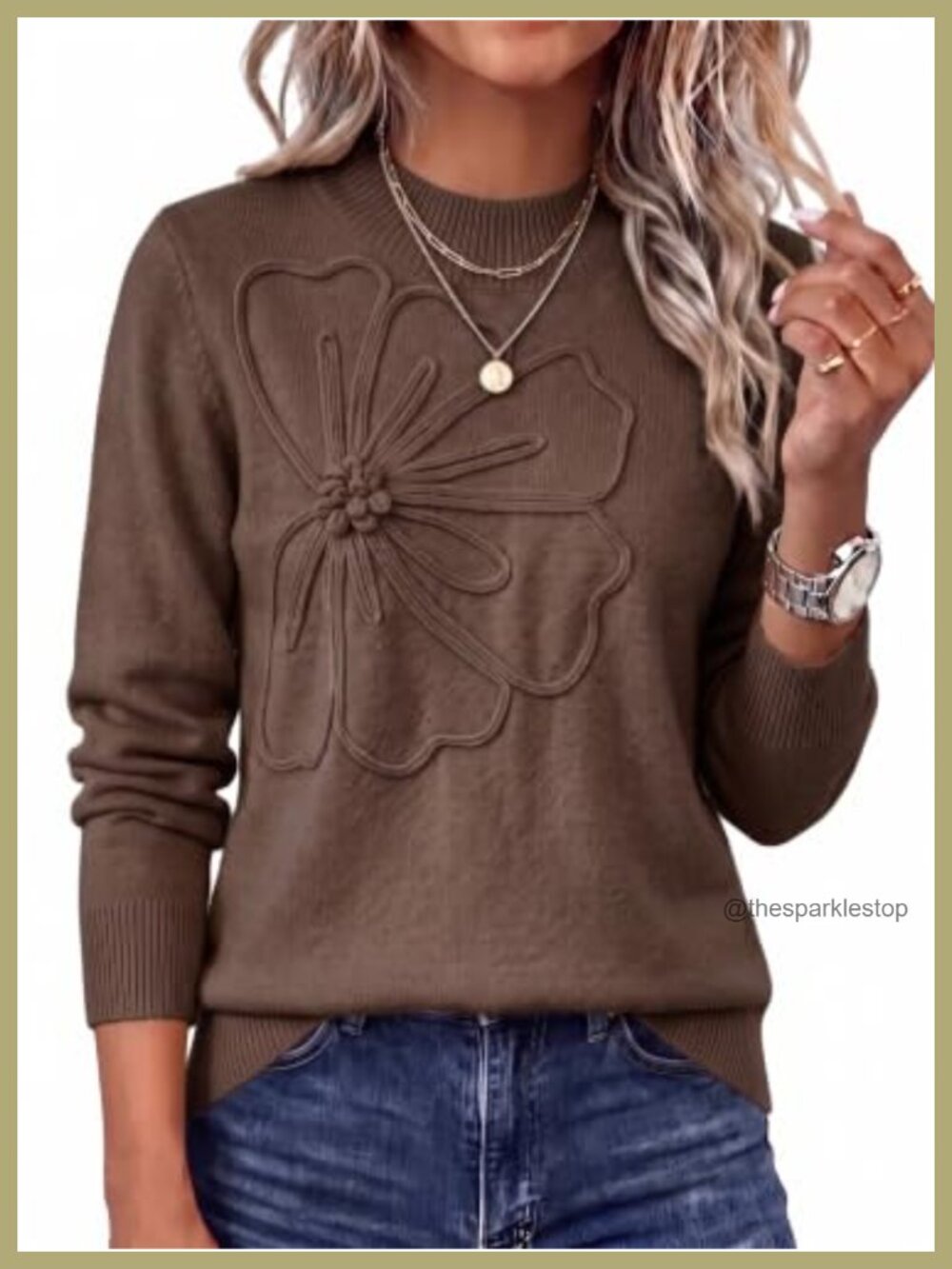 Women's Crew Neck Chunky Knit Pullover Sweater 3D Flower Long Sleeve